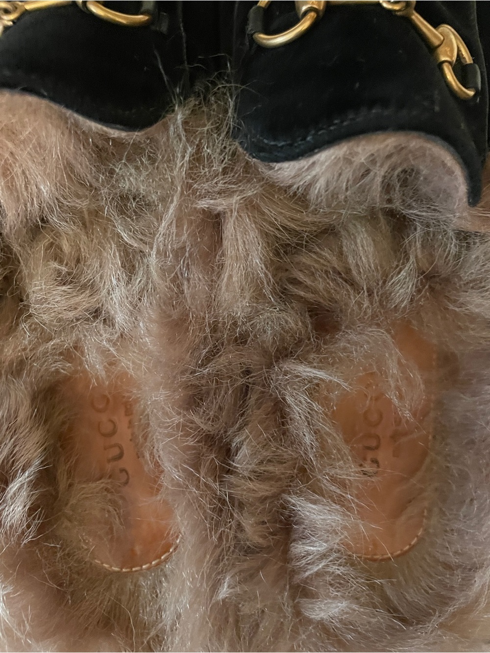 Gucci Princetown Black Velvet Fur-Lined Loafer Mules/Slippers with Gold Horsebit - Picture 7 of 9